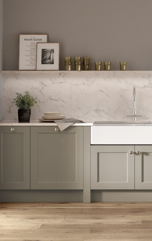 Bastille 5 piece beaded shaker kitchen in Taupe with Belfast sink.
