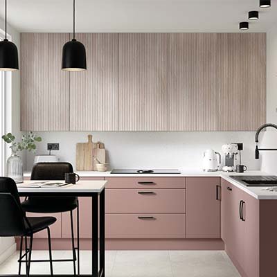 Mila Grooved kitchen with wall units in Urban Oak & base units in Heritage Pink