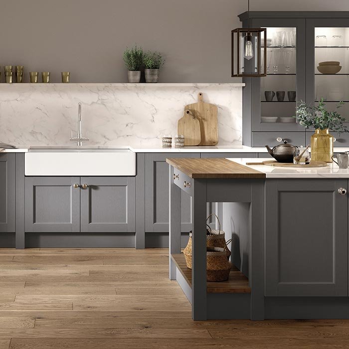 Mid grey 5 piece shaker kitchen and kitchen island with cupboards and open shelving