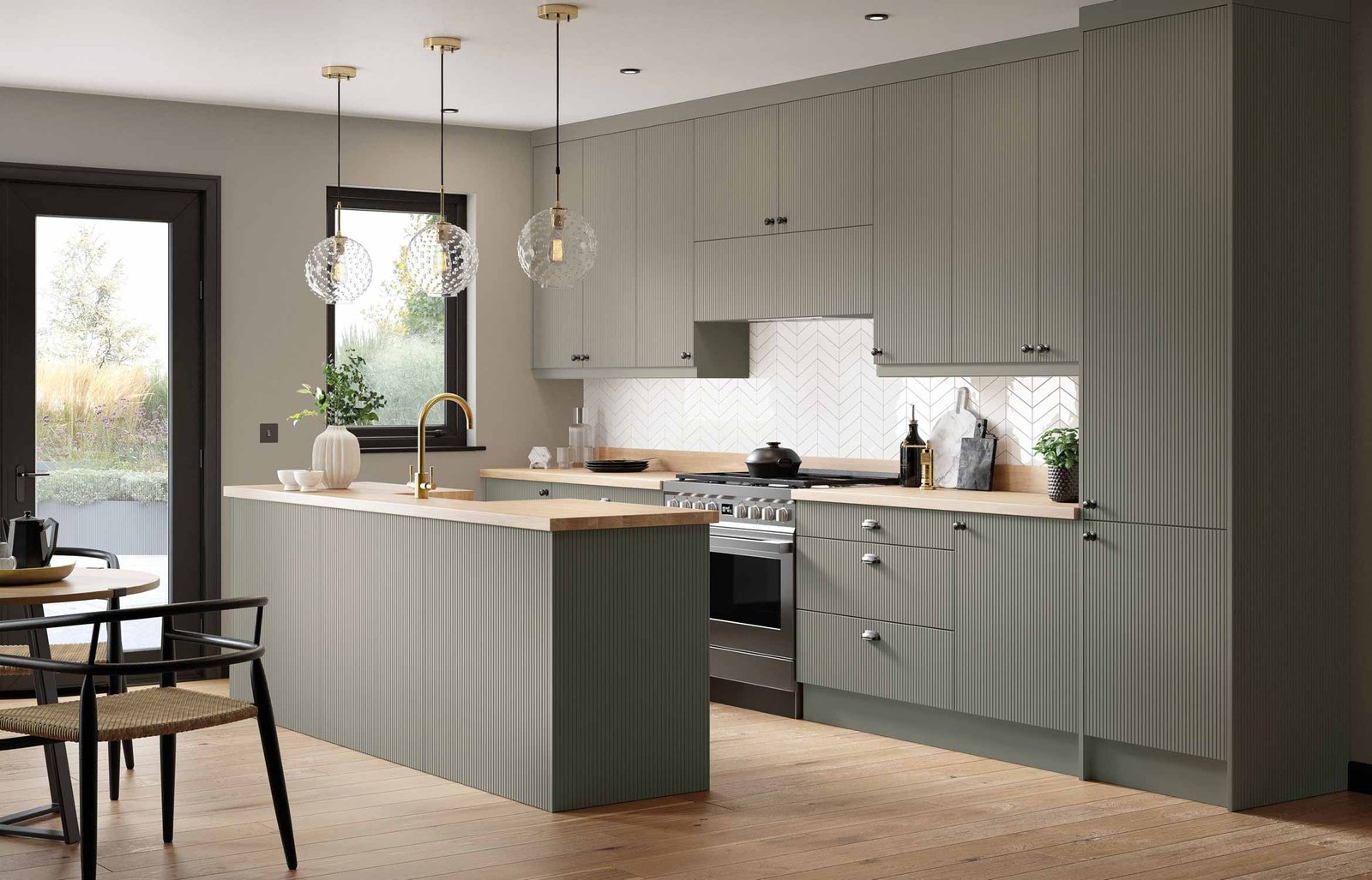 Ella Grooved kitchen in Reed Green, khaki green. Vertical groove design 2mm deep, 10mm flats in between