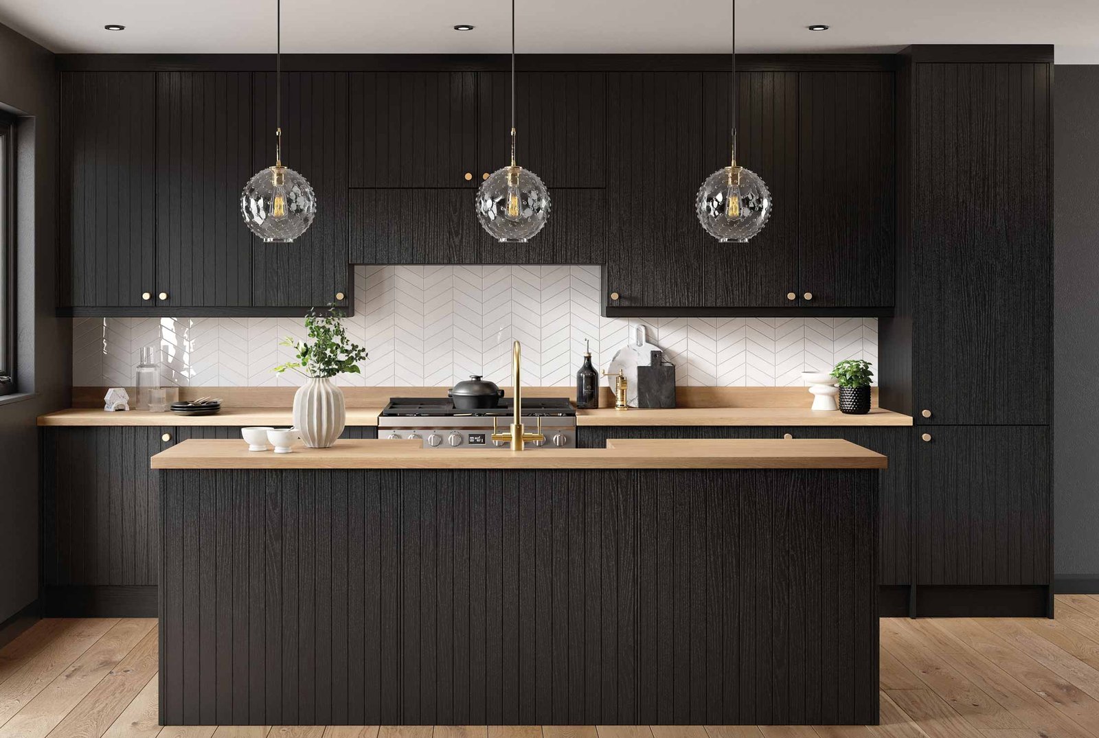 Lena Grooved kitchen in legno black. Vertical grooves 2mm deep, 50mm flats in between