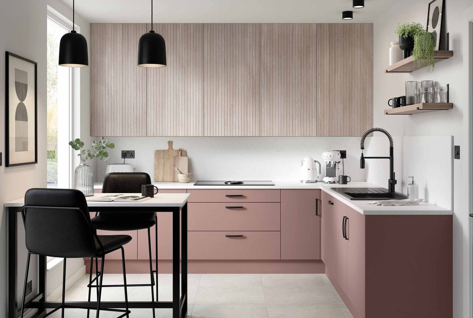 Mila Grooved kitchen. Vertical parallel grooves at 2cm. Shown with wall units in Urban Oak, grey oak and Serica Antique Rose, dusty pink slab style base units