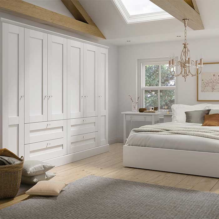 Fenwick 5 piece shaker fitted wardrobes with external drawers with matching bedside table and headboard