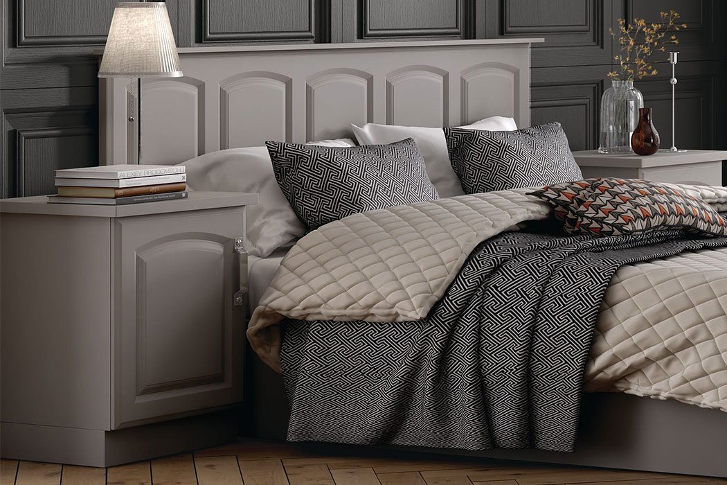 Verona-arched-raiised-panel-furniture.-5-Panel-headboard-and-bedside-table-in-Cashmere