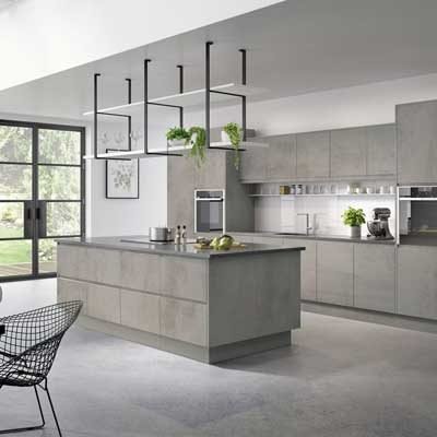 Concrete Effect J-Pull kitchen. Kitchen island with pan drawers