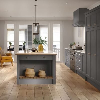 Mid grey 5 piece shaker kitchen and kitchen island with cupboards and open shelving