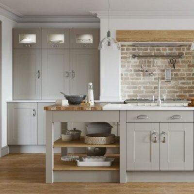 Pebble shaker kitchen cabinets and kitchen island with cupboards and open shelving