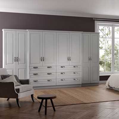 Chatham fitted raised panel wardrobes with external draws in Light Grey