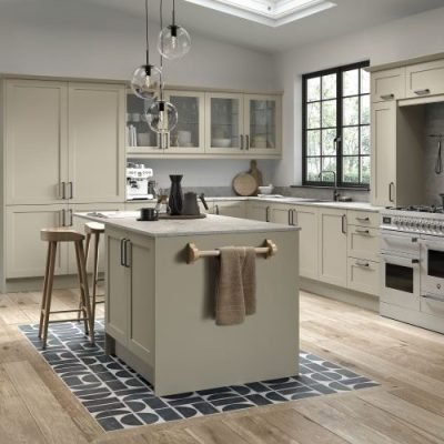 Taupe 5 piece shaker kitchen with kitchen island with cupboards and seating