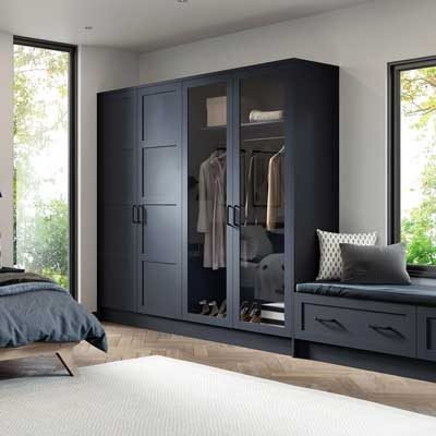 Dylan Fitted 5 piece shaker wardrobes with glass inserts and matching bedroom furniture in Indigo