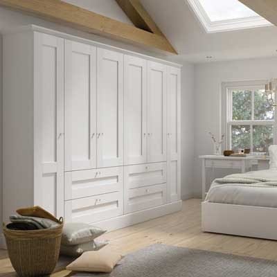 Fenwick 5 piece shaker fitted wardrobes with external drawers with matching bedside table and headboard