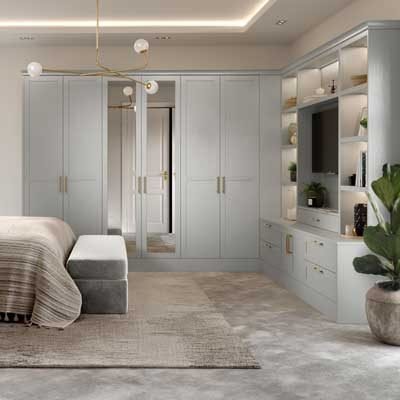Harlem fitted 5 piece shaker wardrobes and unit with drawers and open shelving in Light Grey Woodrain