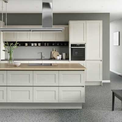 J-pull shaker kitchen in dakar. Full height cabinets and kitchen island with drawers only.