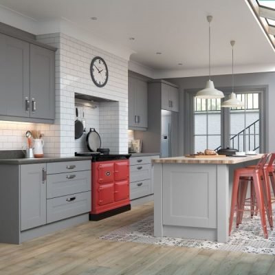 Dust grey shaker kitchen with red oven. kitchen island with cupboards and red seating