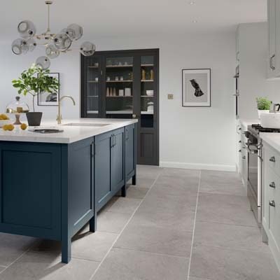 Monroe solid timber shaker kitchen. Light grey cabinets and a nautical blue freestanding kitchen island with cupboards