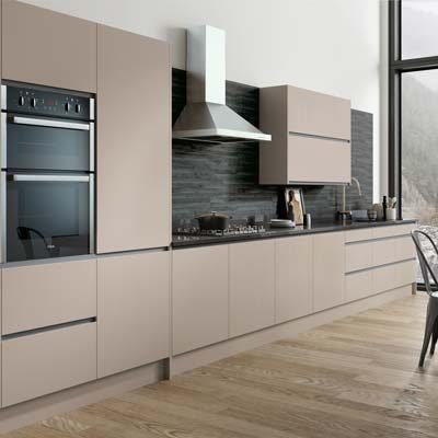 Mather ultra modern kitchen. Detailed specialist door edges. Shown in woodgrain legno stone grey