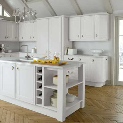 Porcelain shaker kitchen. Mock in-frame. Kitchen island with cupboards, open shelving and wine racks