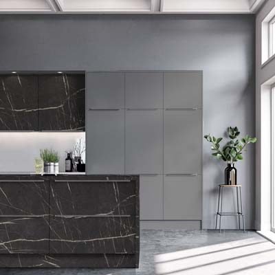 Soho Edged Ultra Modern Kitchen in Black Pietra Grigia Marble effect and Dust Grey.